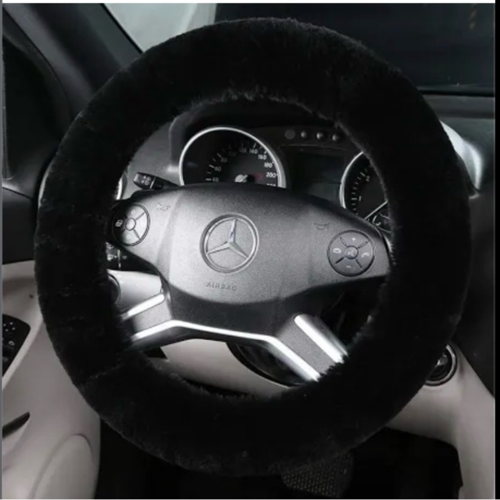 OGLAND Fluffy Sheepskin Steering Wheel Cover - Black